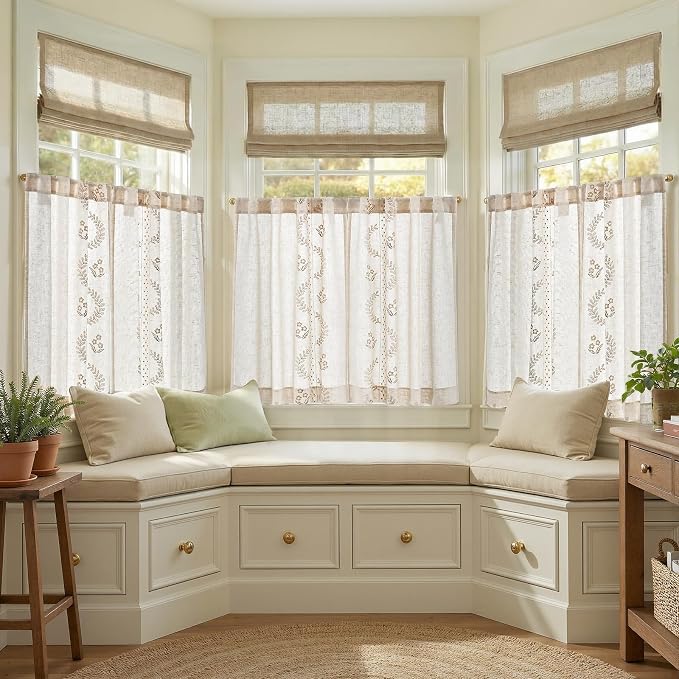 jinchan Belrose Linen Floral Kitchen Curtains 36 inch Length Embroidered - Image 2