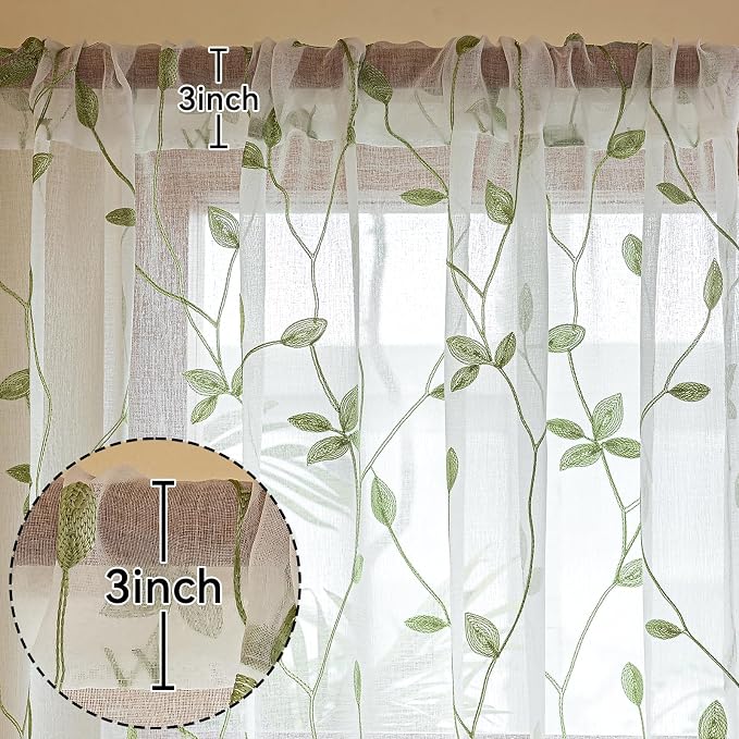 AmHoo 2 Panels Embroidered Leaf Pattern Semi Sheer Curtains Foliage Floral - Image 3