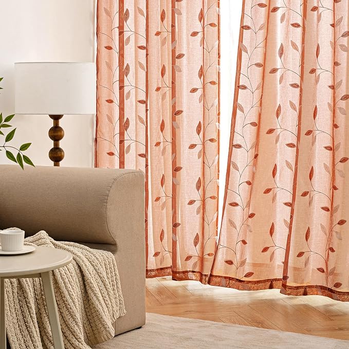 MIULEE Burnt Orange Sheer Curtains 2 Panels Embroidered Leaf Patterned Rod - Image 3