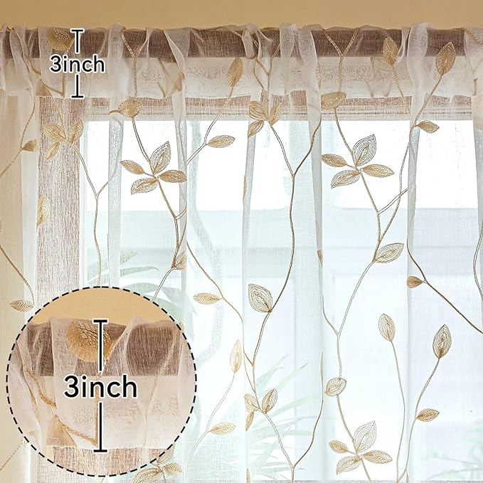 AmHoo 2 Panels Embroidered Leaf Pattern Semi Sheer Curtains Foliage Floral - Image 3