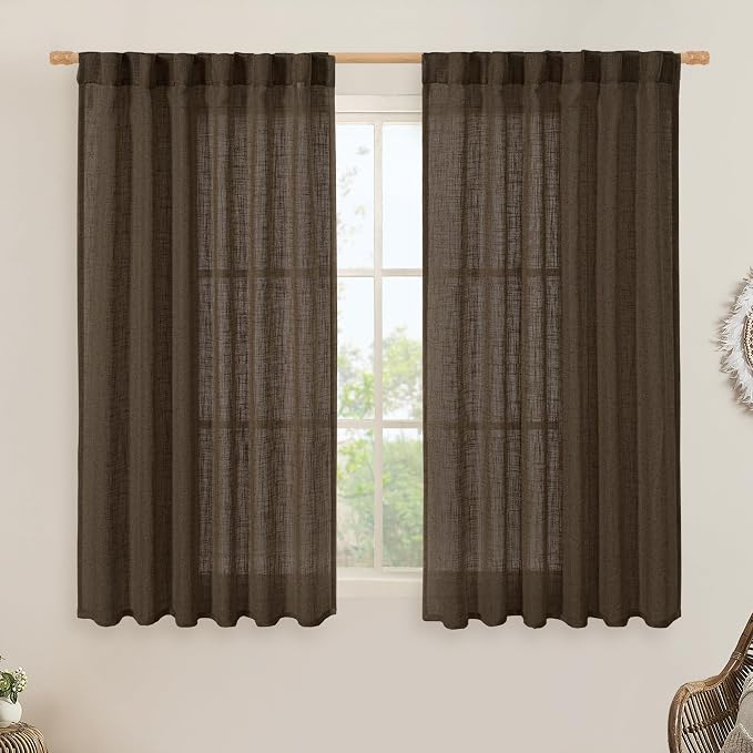 LAMIT Dark Brown Linen Curtains 54 Inch Length 2 Panels, Light Filtering Panels by LAMIT