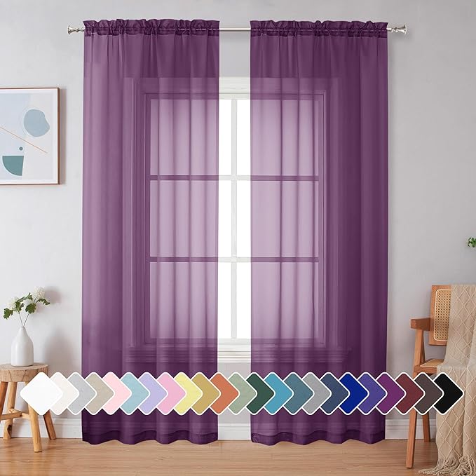 Simplebrand Plum Purple Sheer Curtains 84 Inches Long 2 Panels, Light Filtering by Simplebrand