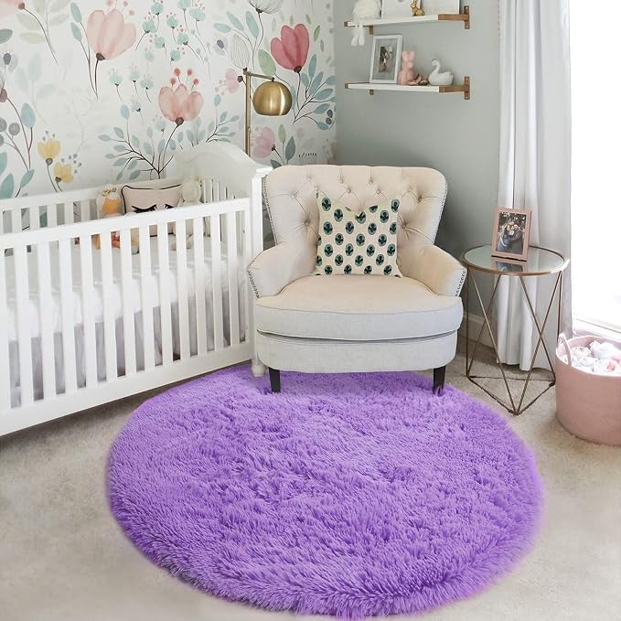 Amdrebio Purple Round Rugs 5Ft for Girls Bedroom Decor Aesthetic, Fluffy Fuzzy - Image 5