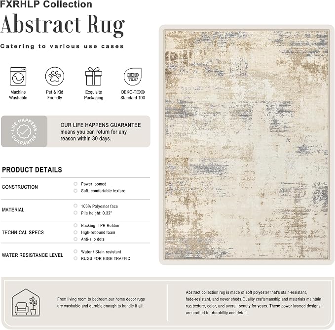 5x7 Area Rug Living Room: Modern Washable Soft Carpet Beige Brown | - Image 2