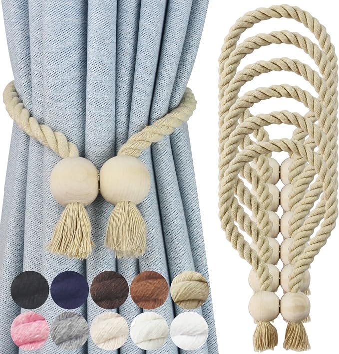 6 Pack Magnetic Curtain Tiebacks Cotton Hand Woven Tie Back Decorative Rope by CurtianTiebacks