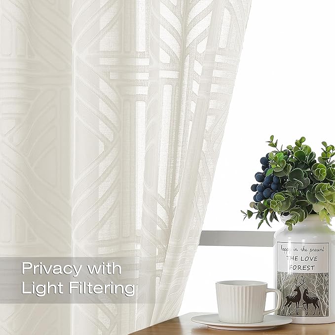 Simplebrand Ivory Semi Sheer Curtains 45 Inch Length 2 Panels, Geometric - Image 2