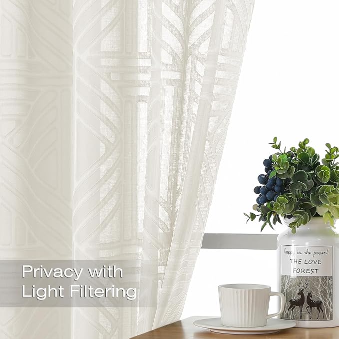 Simplebrand Ivory Semi Sheer Curtains 54 Inch Length 2 Panels, Geometric - Image 2