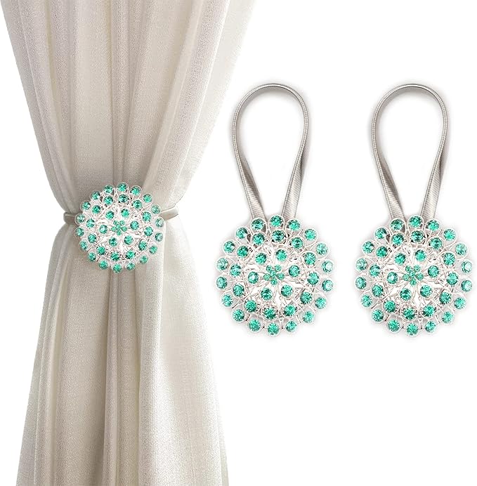 Magnetic Tiebacks for Curtains, 2 Pack Sparkling Crystal Flower Curtain by FOZUBOYO