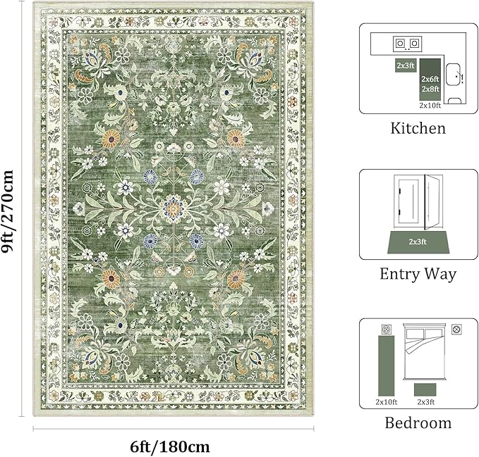 Yamaziot Washable Area Rug 6x9, Large Non-Slip Boho Floral Living Room Rug - Image 2