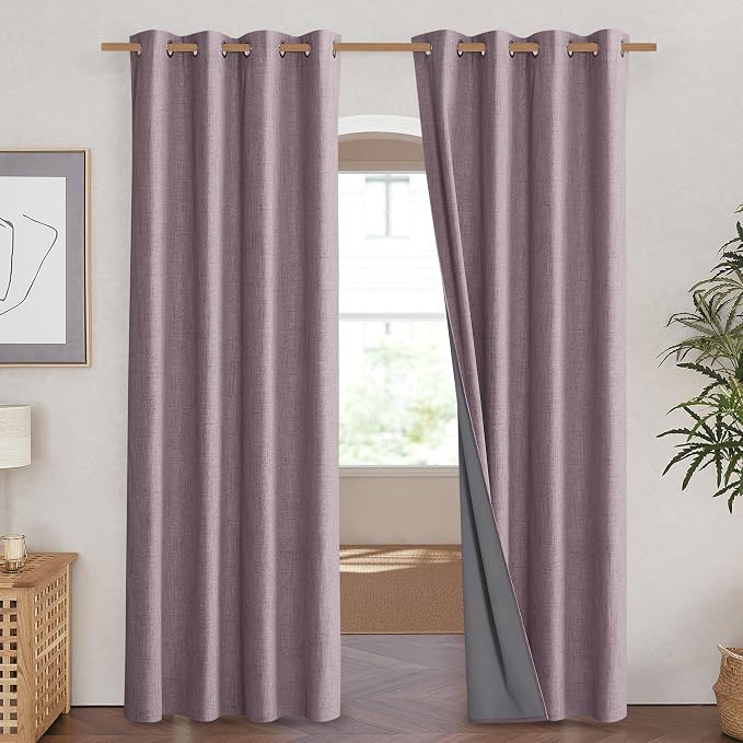 NICETOWN Chaise Mauve Vintage Linen 100% Blackout Curtains - Image 2