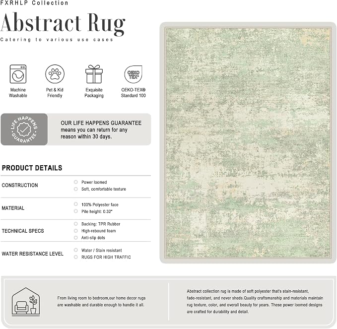 2.6x14 Washable Runner Rug:Modern Abstract Soft Carpet Green Cream | - Image 3