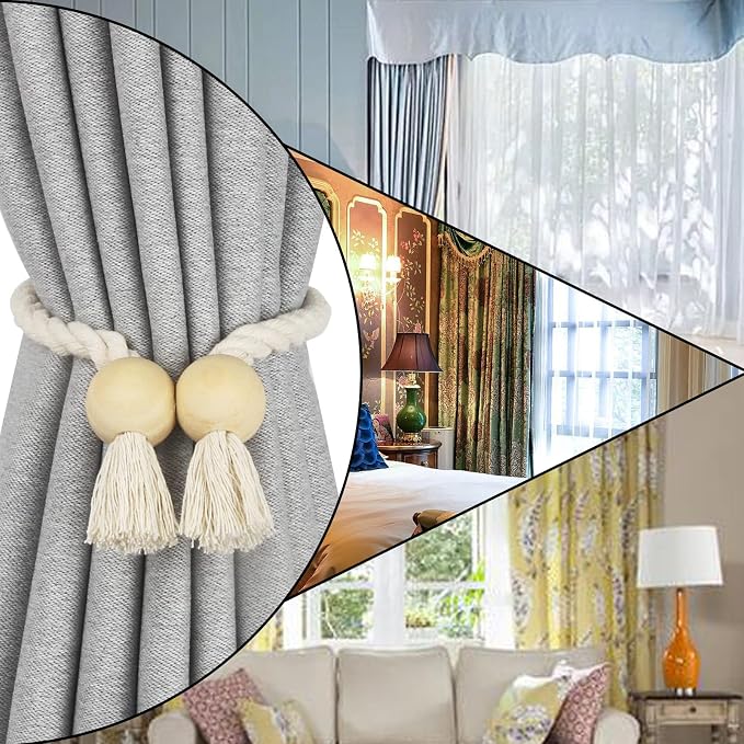 2 Pack Magnetic Curtain Tiebacks Cotton Hand Woven Tie Back Decorative Rope - Image 6