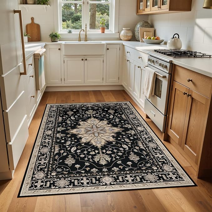 Area Rugs 4'x6' Washable Non-Slip, Floral Vintage Distress Print Pattern - Image 3