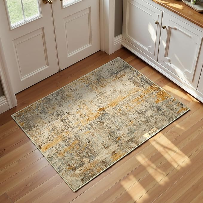 Entrance Rugs Indoor 2x3 Beige Entry Rug Washable Abstract Small Area Rug by OmpaaHomeDecor
