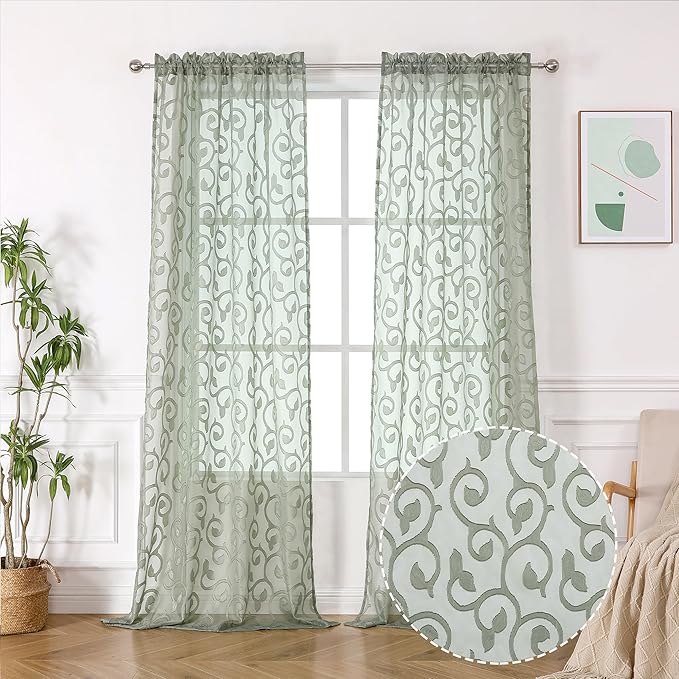 OWENIE Furman Sheer Sage Green Curtains 90 inches Long - Image 2