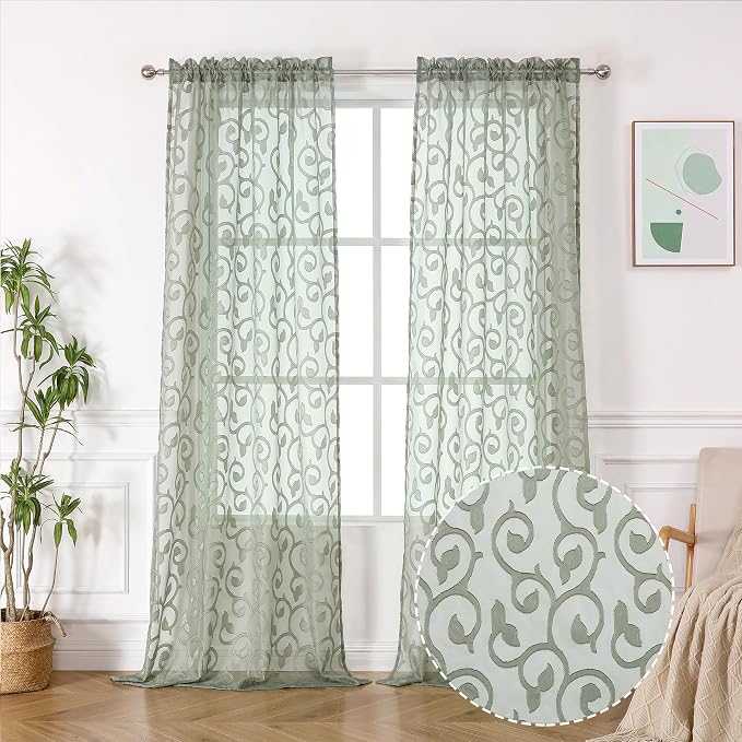 OWENIE Furman Extra Long Sheer Sage Green Curtains 96 inches Long - Image 2