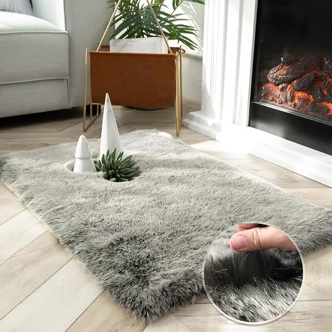 Ashler Home Deco Faux Fox Fur Area Rug, 2x3 ft, High Pile, Rectangular by AshlerHomeDeco