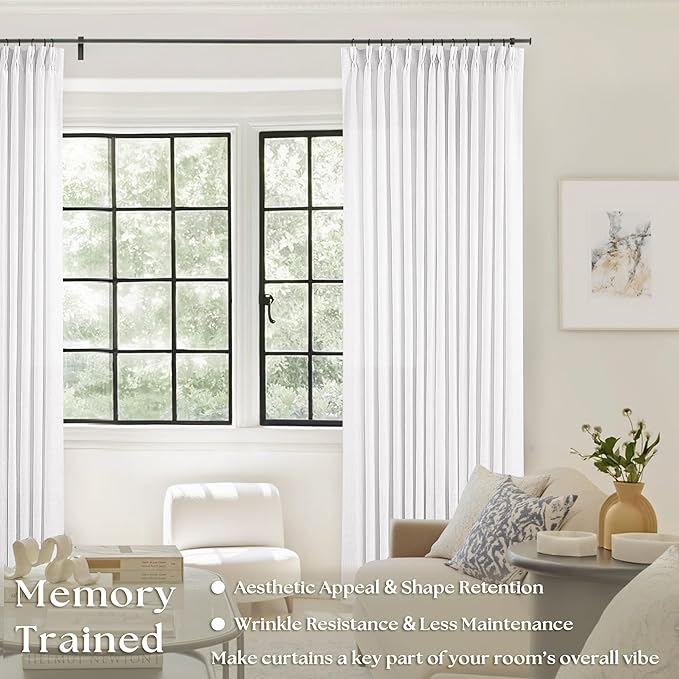 Snow White Linen Pinch Pleated Curtains 86 Inches Long 2 Panels | Textured Linen - Image 2