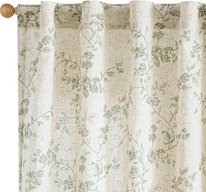 Lazzzy Green Floral Linen Curtains 84 Inch Farmhouse Back Tab Drapes by Lazzzy