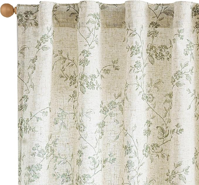Lazzzy Green Floral Linen Curtains 90 Inch Farmhouse Back Tab Drapes by Lazzzy