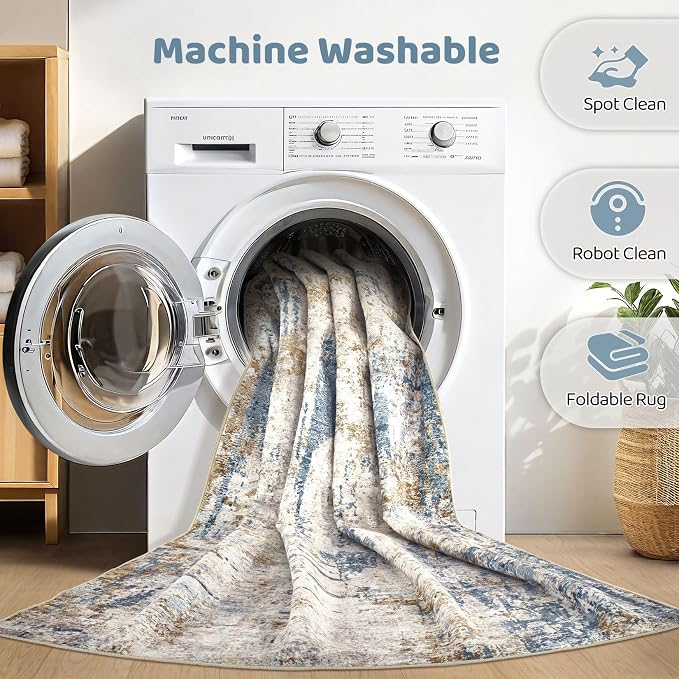 LOONGRUG 4x6 Area Rug Machine Washable Neutral Modern Rugs Blue Tan | Abstract - Image 2