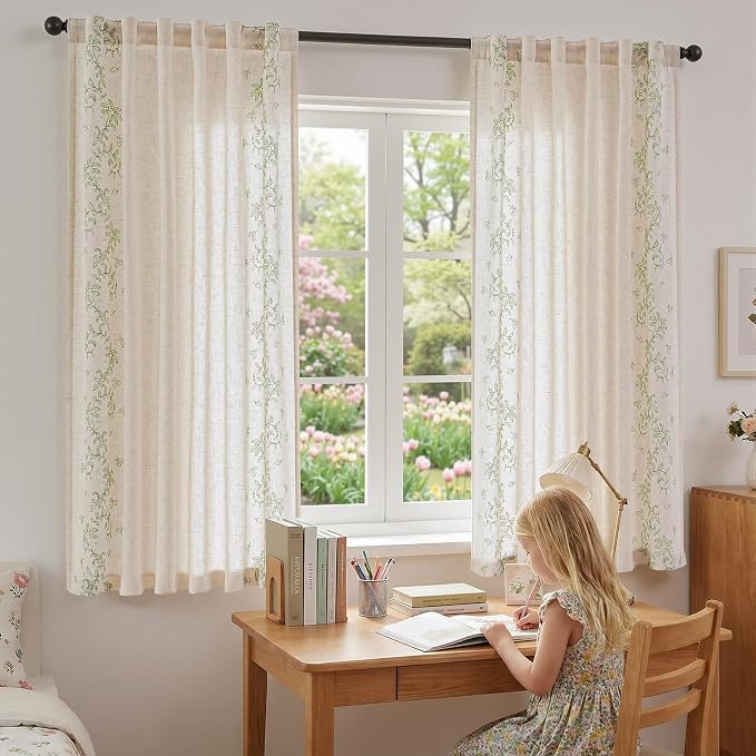 jinchan Evelyn Embroidered Linen Curtains 63 inch Floral Curtains - Image 6