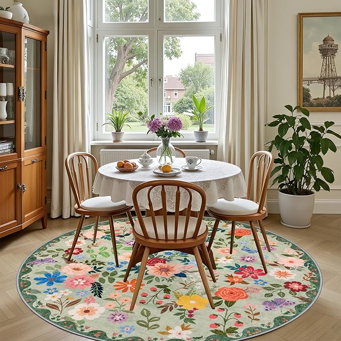 Round Area Rug for Living Room: 6 ft Floral Washable Circle Rug Soft Boho - Image 4