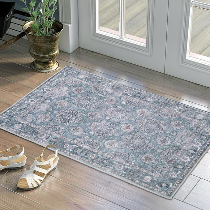 SERISSA Vintage Floral Rugs for Entryway, 2x3 Blue Grey Entryway Rug Non-Slip - Image 7