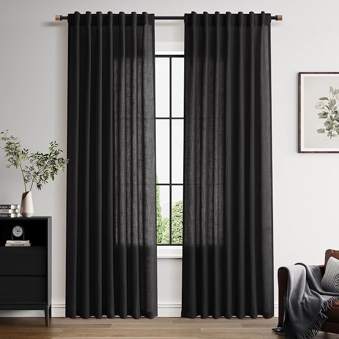 Nanspring Vintage Black Linen Curtains 84 Inch Length 2 Panels Set by Nanspring