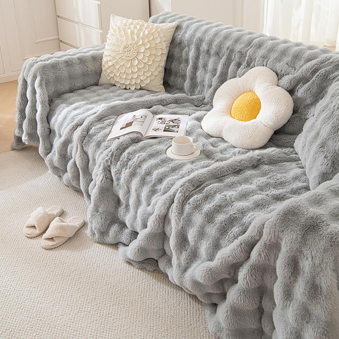 HANDONTIME Grey Plush Sofa Covers Washable Rabbit Plush Couch Cover Soft Cozy - Image 8