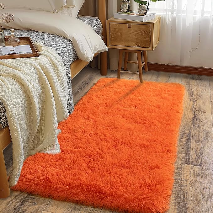 Soft Runner Rugs for Bedroom Hallways, 2x4 Orange Fluffy Shag Throw Area Rug by Ailyei