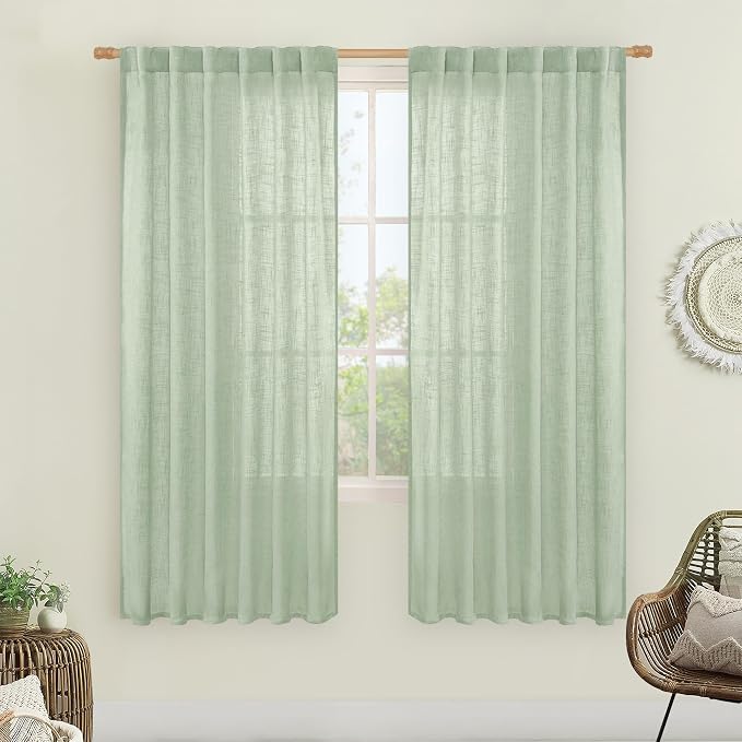 LAMIT Fresh Green Linen Boho Curtains 68 inch Length 2 Panels, Light Filtering by LAMIT
