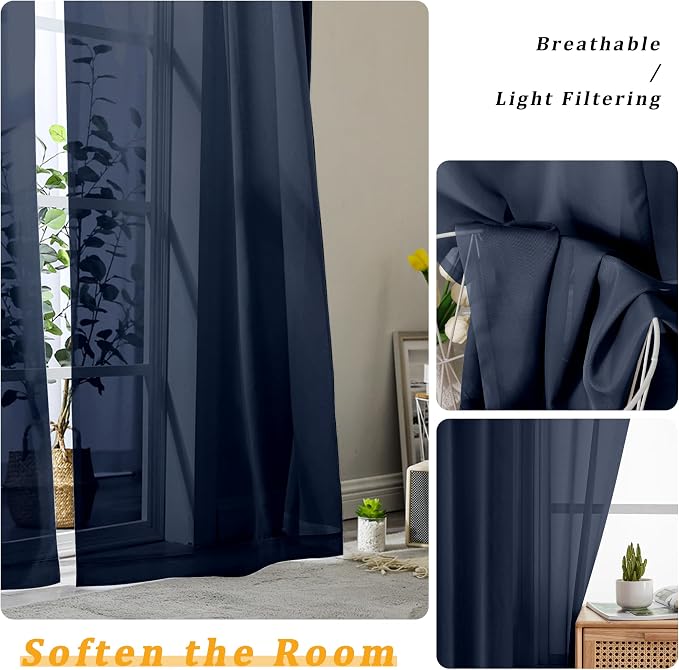 Gwine Navy Blue Sheer Curtains for Living Room 45 inches Long, Short Voile - Image 3