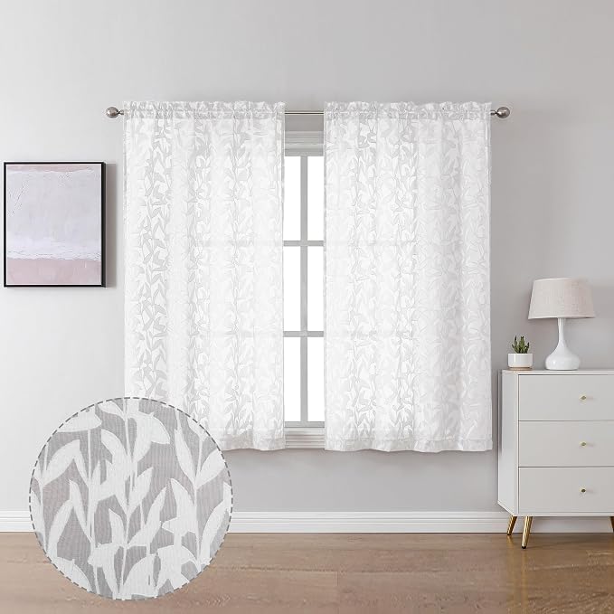 Lecloud Leia Short White Sheer Curtains 45 Inch Length 2 Panels, Balance Light by Lecloud