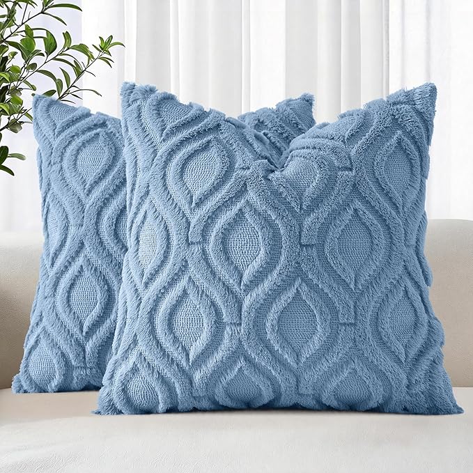 decorUhome Throw Pillow Covers 24x24 Inch Set of 2, Soft Plush Faux Wool Blue by decorUhome