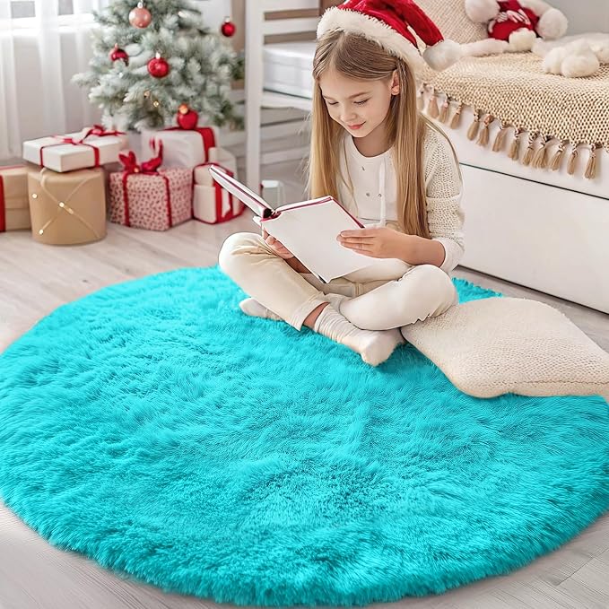 OLANLY Teal Blue Round Rugs for Bedroom by OLANLY