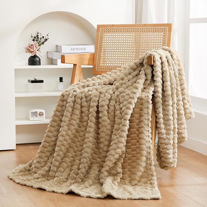 Beige Throw Blanket 50"×60" inches Fuzzy 3D Jacquard Decorative Flannel Fleece by Puncuntex