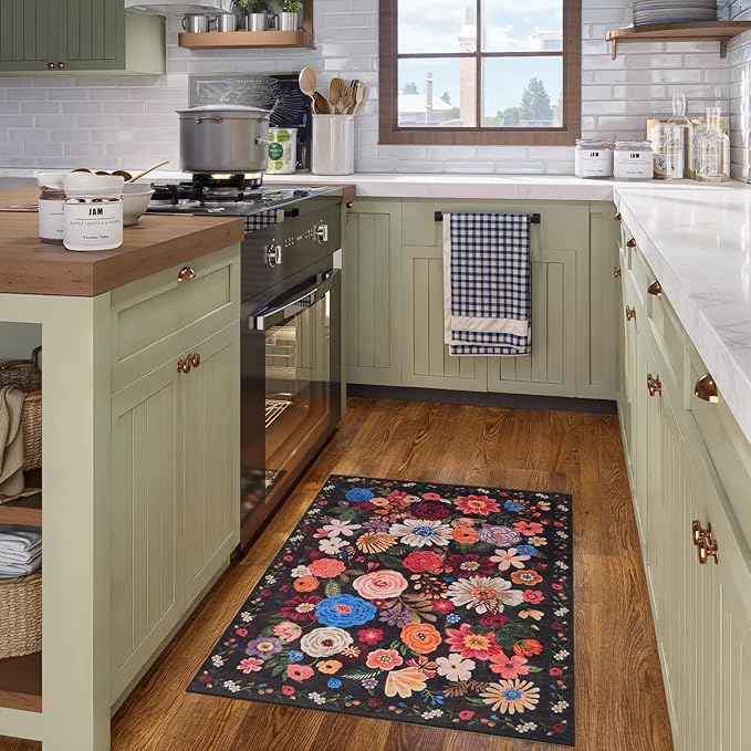 Black/Brown Floral Rug for Entryway, 2x3 Washable Kitchen Mat Ultra-Thin Soft - Image 3