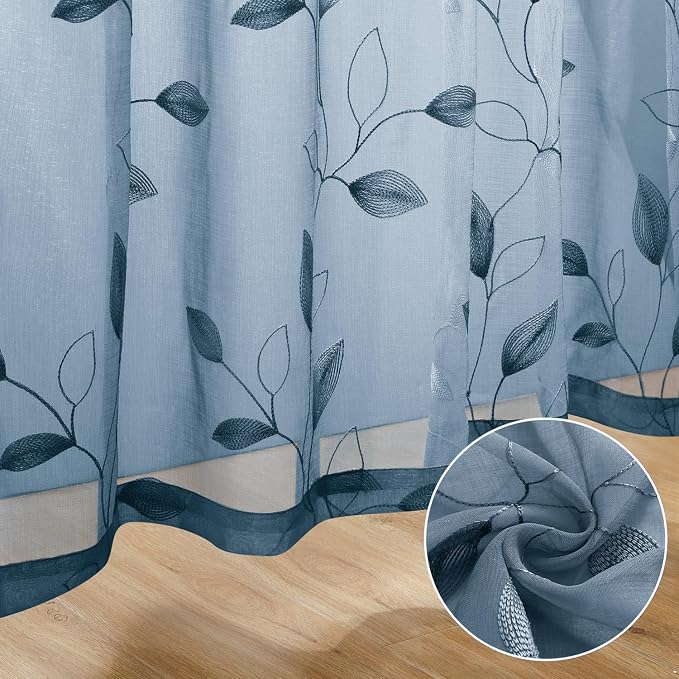 HOMEIDEAS Stone Blue Floral Sheer Curtains 96 Inches Long 2 Panels Embroidered - Image 8
