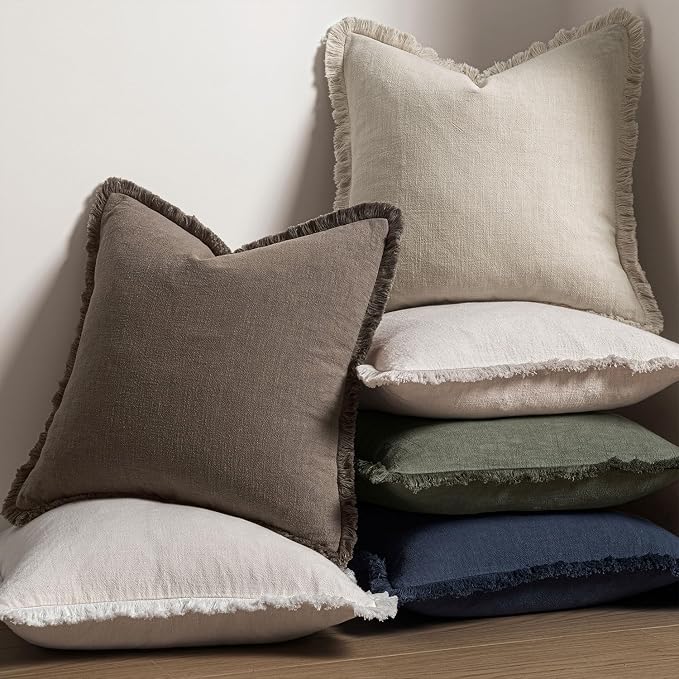 MIULEE Decorative Throw Pillow Covers Neutral Linen Fringe Throw Pillows Set of - Image 5