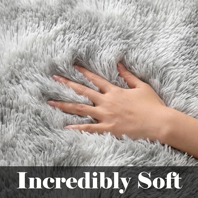 Area Rugs 9x12 Living Room, Tie-Dyed Light Grey Large Fluffy Bedroom Rug - Image 2
