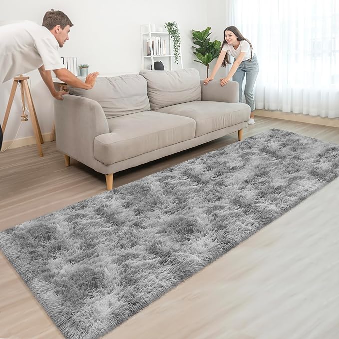 Super Soft Fluffy Living Room Area Rug 3x10 ft Tie-Dyed Light Grey Shaggy Furry - Image 2