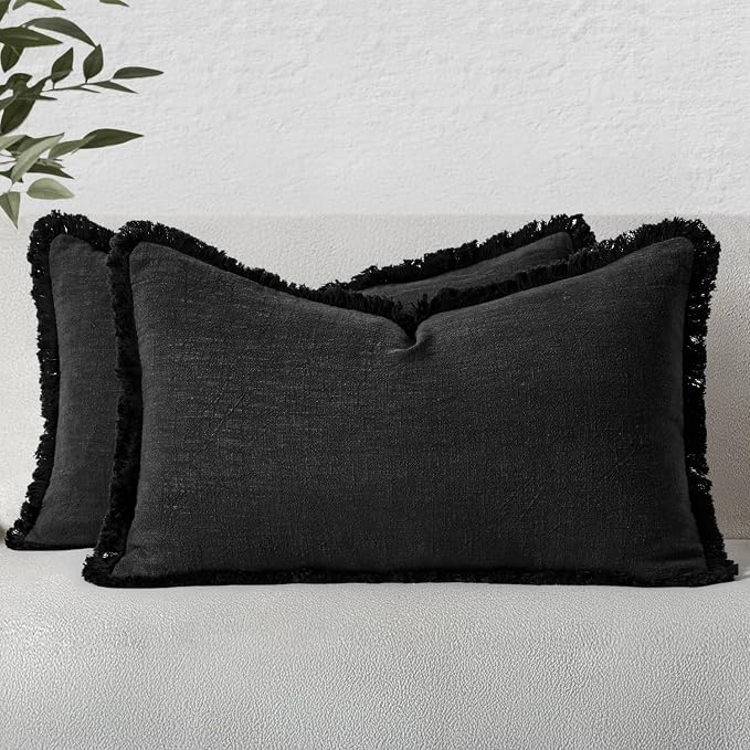 MIULEE Decorative Lumbar Throw Pillow Covers Neutral Linen Fringe Throw Pillows by MIULEE