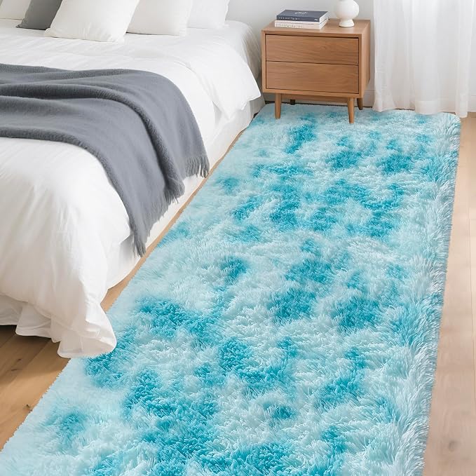 Tie-Dyed Sky Blue 3x10 Machine Washable Runner Rugs - Image 2