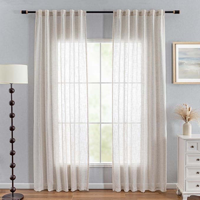 MYSKY HOME Linen Curtains for Living Room, Natural Semi Sheer Curtains & Drapes - Image 2