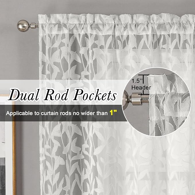 Lecloud Leia Ivory Sheer Curtains 84 Inches Long 2 Panels, Airy Voile Jacquard - Image 4