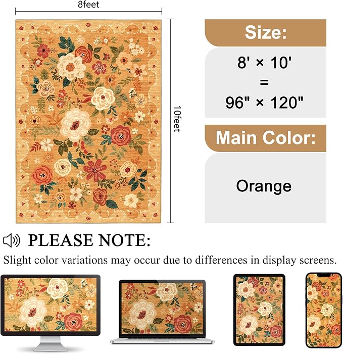 DUKINO 8x10 Area Rugs, Floral Washable Living Room Rug Non Slip, Stain Resistant - Image 2