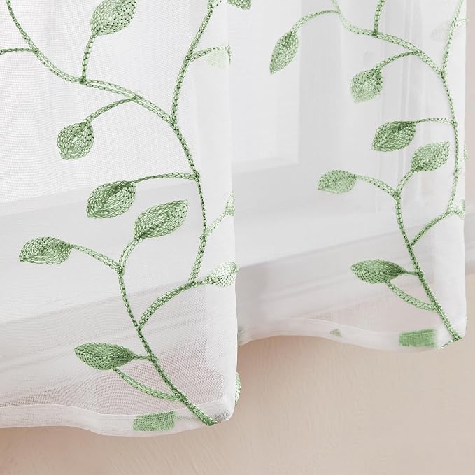 MRTREES Sheer Voile Curtain Valances, Leaves Embroidered Valance Curtains Rod - Image 5