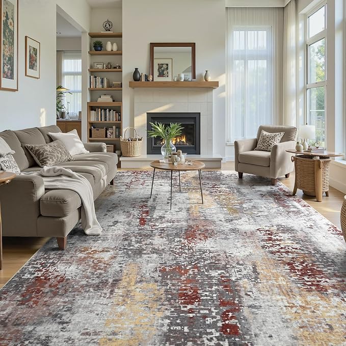 Living Room Rug 7x10 Beige Area Rugs Machine Washable Abstract Boho Large Rug - Image 4