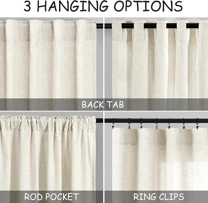 Warm Beige Linen Curtains 63 Inches Long 2 Panel Sets - Image 2
